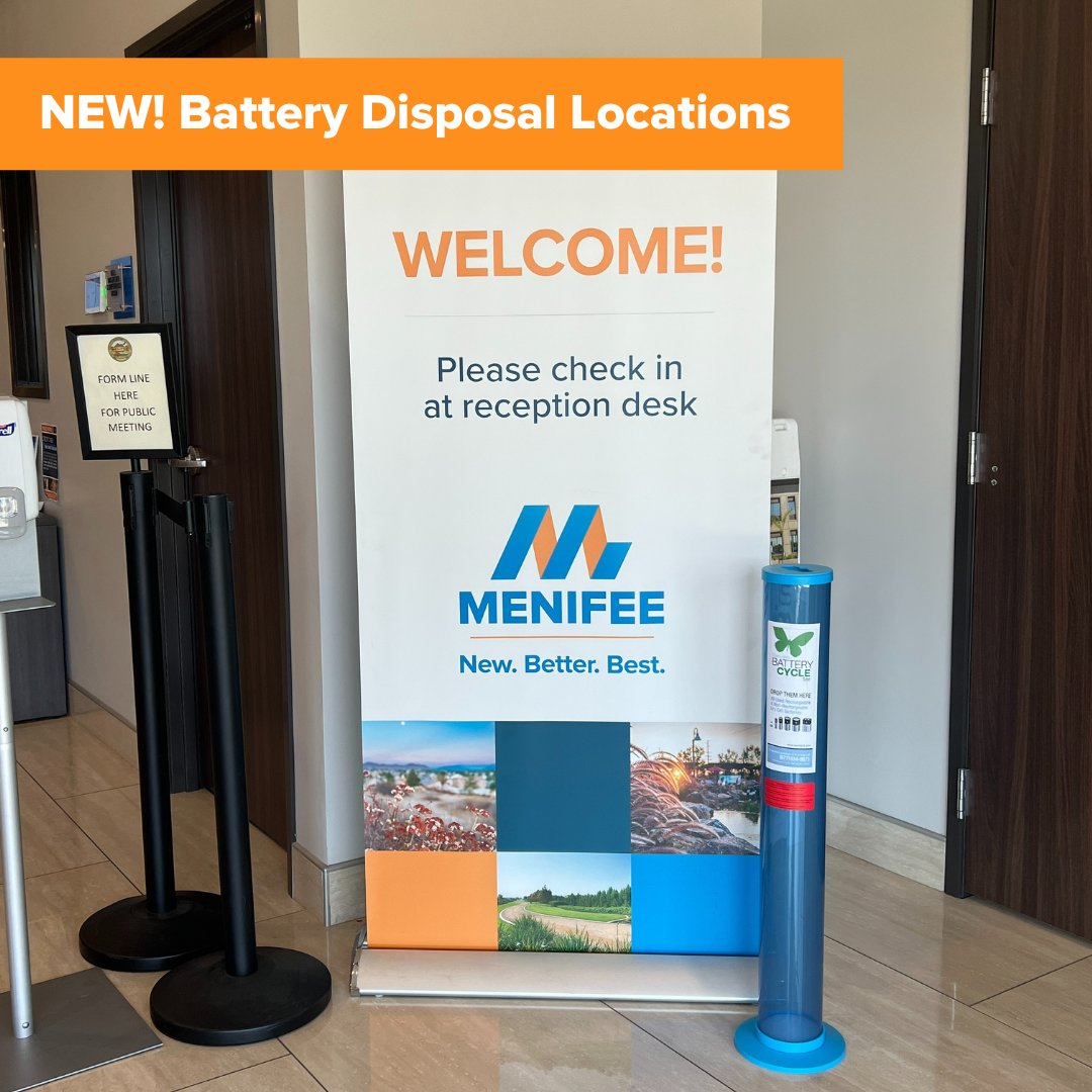 cityofmenifee's tweet photo. You can properly dispose old batteries at one of the city's battery disposal locations 🔋
✔️ Menifee City Hall (29844 Haun Rd.)
✔️ @menifeepd (29714 Haun Rd. Unit-A)
✔️ Kay Ceniceros Senior Center (29995 Evans Rd.)
#Menifee #KeepMenifeeClean https://t.co/feaDheXSyW