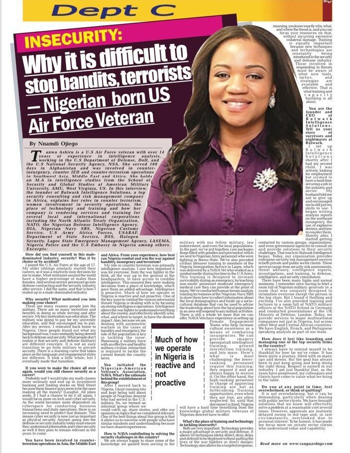 Bulwark_Intel's tweet photo. A @vanguardngrnews interview featuring @tanwaashiru, CEO @Bulwark_Intel. 
Click on the link below to read..
https://t.co/SJrZDLZF8A https://t.co/EhIgOdfvID