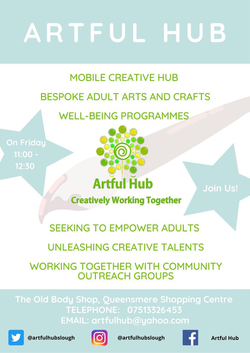 Great News Everyone! We have begun our Crafty Workshops in Slough! We will be holding them every Friday from 11:00 - 12:30 in the Old Body Shop, Queensmere Shopping Centre. For more information please contact email us at artfulhub@yahoo.com #artsandcrafts #oneslough