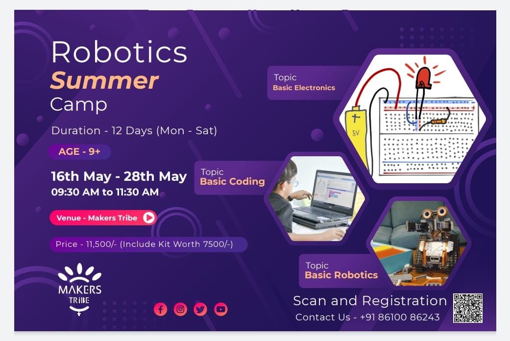 makers_tribe's tweet photo. Hello Young Innovators. Are you ready to build your own Robots?
Makers Tribe hosting the Summer Camp on Robotics at our office. This 2 weeks program will be fun filled. Put on your creative hat.
Venue - Makers Tribe
#SummerCamp #Robotics #codingforkids #Chennai #makerstribe https://t.co/Q77Bnt8eZT