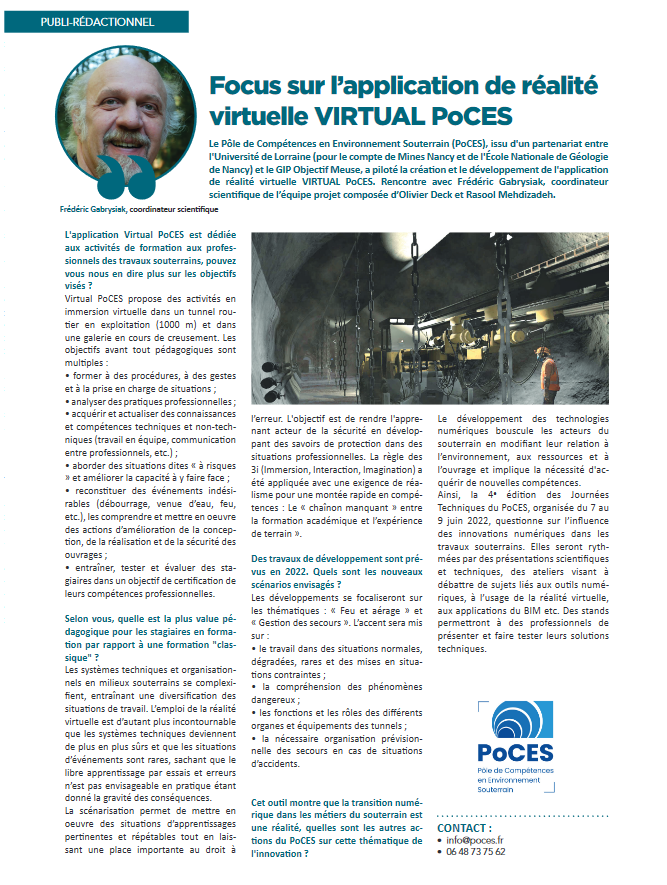 poces_'s tweet photo. Frédéric Gabrysiak, Coordinateur scientifique du #poces @MinesNancy nous parle du #VirtualPoces
dans la revue "Tunnels et Espace Souterrain" de Mars 2022 #AFTES https://t.co/ma3OyTFH36