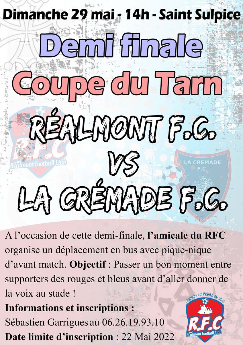 RealmontFC's tweet photo. Passer une journée entre supporters des rouges et bleus, ça vous dit ? N'hésitez pas à vous inscrire au déplacement organisé par l'amicale du RFC pour aller encourager l'équipe fanion !
#forzarfc 🔴🔵 https://t.co/CkCDgsD5hd