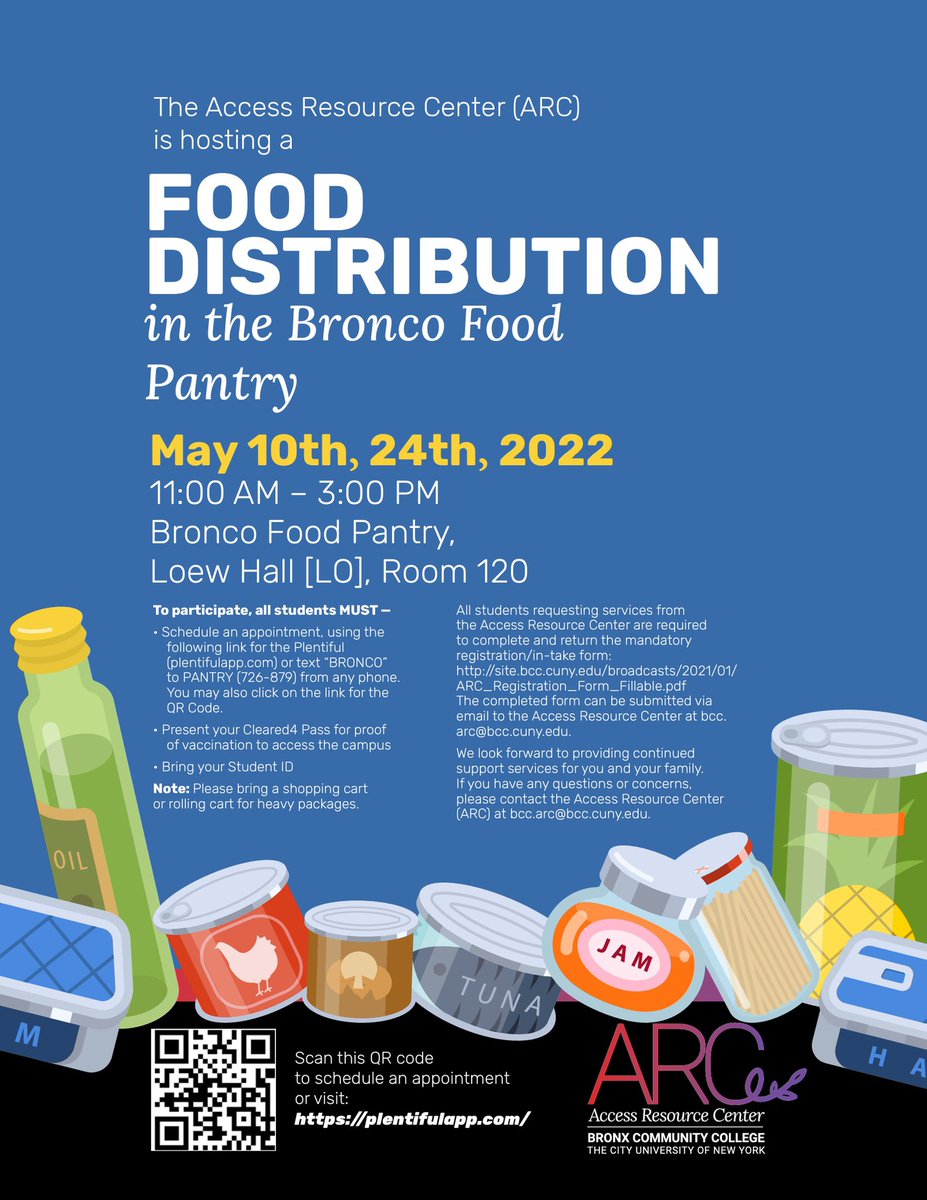 BCC_ARC's tweet photo. Please join us. The next Food Pantry Distribution is scheduled for Tuesday, May 10, 2022 from ​11:00 a.m. - 3:00 p.m. at the Bronco Food Pantry, Loew Hall, Room 120. https://t.co/wtpGU4Kc4p