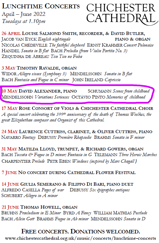 Looking forward to welcoming back David Alexander to Chichester Cathedral for tomorrow's lunchtime piano recital: music by Schumann, Mendelssohn and Octávio Pinto. 1.10pm, free entry, all welcome.