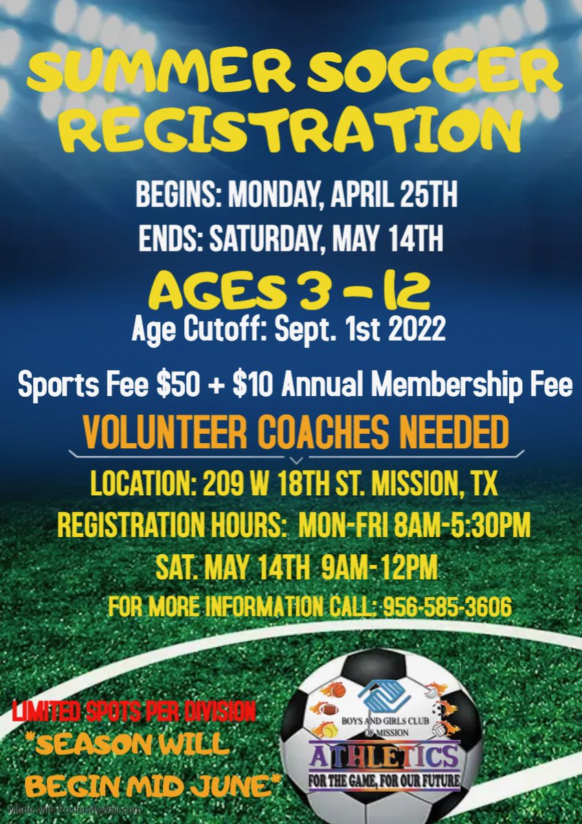 CityOfMissionTX's tweet photo. Soccer ⚽️ registration is still ongoing at our Boys & Girls Club of Mission! Take advantage! #FitMission ⚽️ https://t.co/OiQIXM14kX