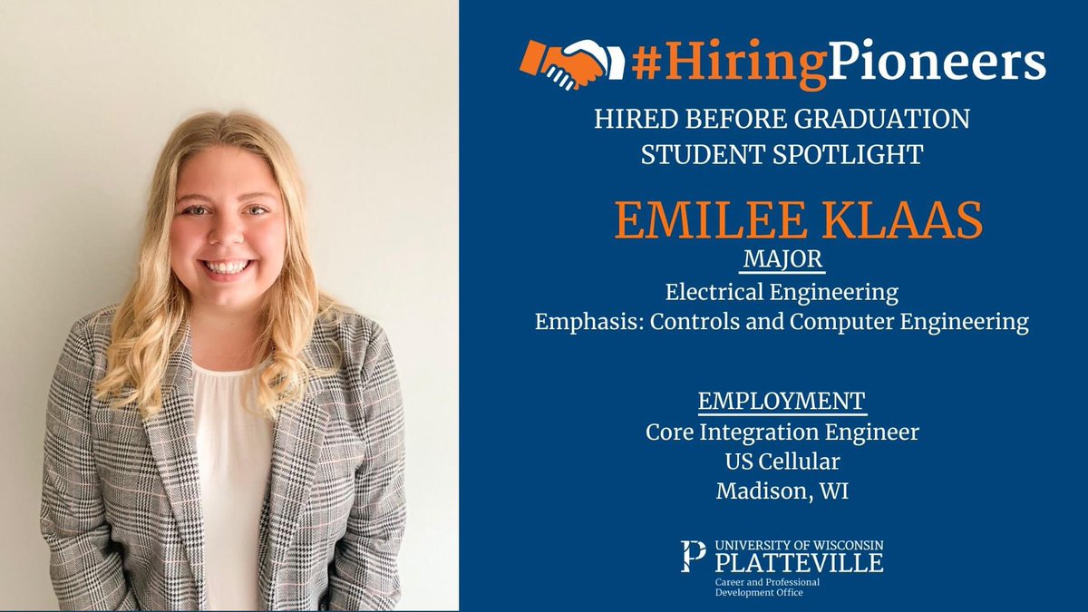 uwplatteville's tweet photo. Follow along all week with the #uwplatteville Career and Professional Development Office as they feature more Pioneers who have been #HiredBeforeGraduation! #HiringPioneers @UWPCPDO https://t.co/Q91UWOrLiT