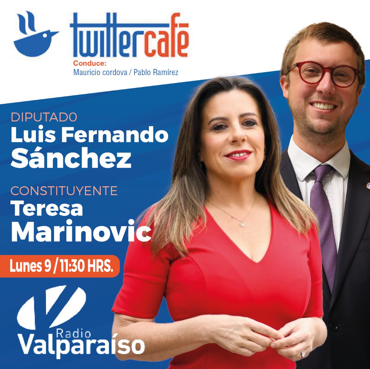 DipRepublicanos's tweet photo. ✅ Sigue la mañana de radios con nuestros #DiputadosRepublicanos 💪

🎙️A las 11.30 no se pierdan a @sanchezdiputado que estará conversando sobre actualidad política en @RadioValparaiso junto a @tere_marinovic en el programa #TwitterCafe 🙌 https://t.co/ACBTc1wx9X