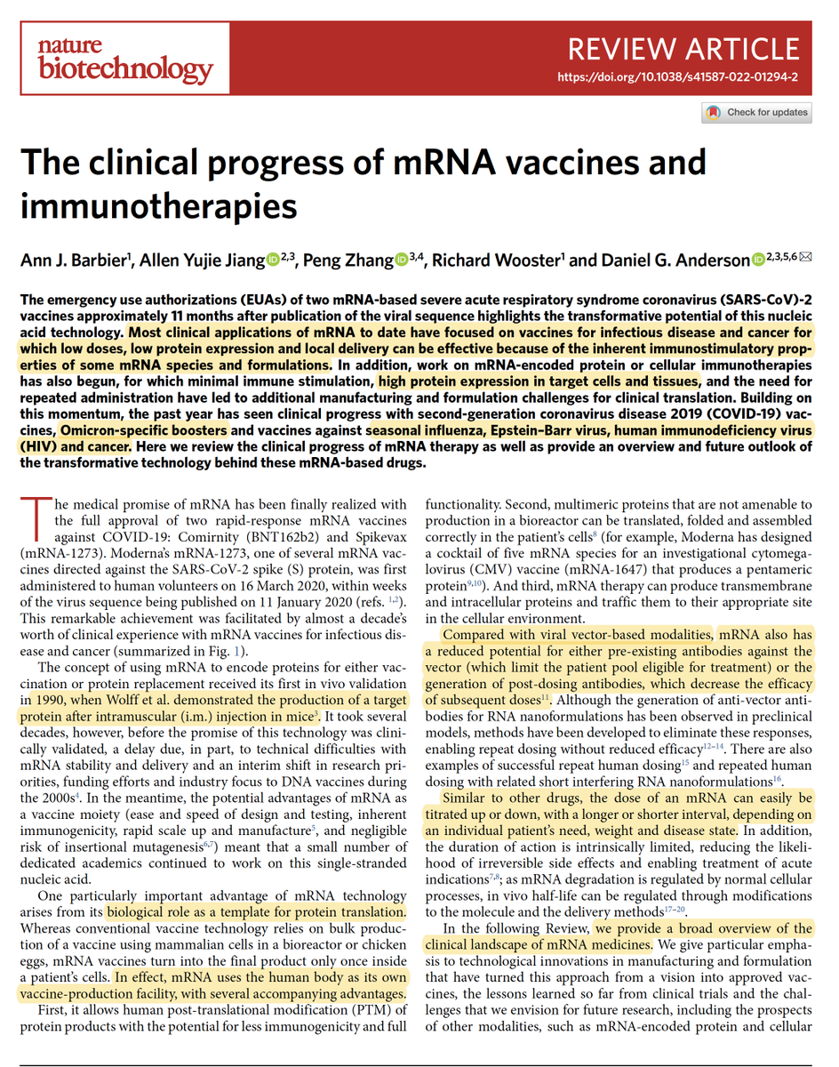 EricTopol's tweet photo. A new, tour de force review of the clinical progress of mRNA vaccines, from infectious diseases to cancer applications @NatureBiotech 
https://t.co/Y4dKDWtvXQ
@AllenYJiang @kochinstitute @MITChemE and colleagues https://t.co/K3I6pLvvkc