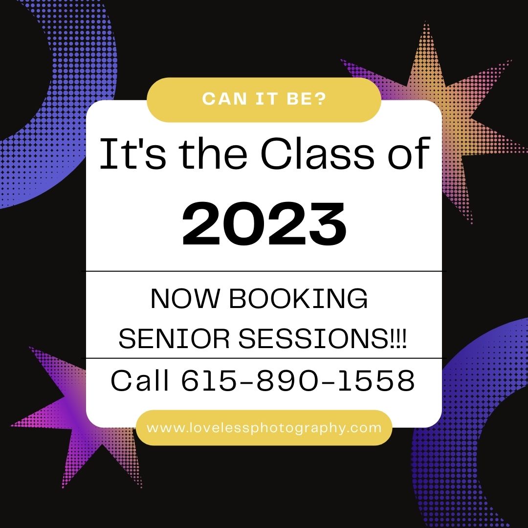 It's time for the Class of 2023 to start booking your senior portrait session!  Call today 615-890-1558 to get availability!