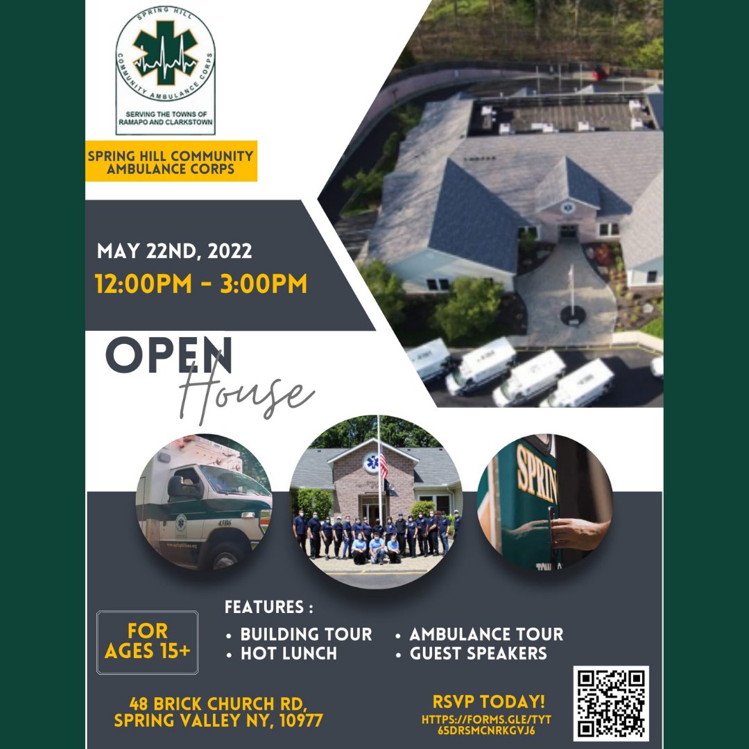 The #SpringHill Community Ambulance Corps is hosting an open house on May 22nd, 2022!
 
Take part in our #ambulance and building tour, listen to guest speakers and enjoy a delicious lunch. 🤩
 
RSVP today by scanning the QR code or using this link: forms.gle/tyt65drsmcnrkg…