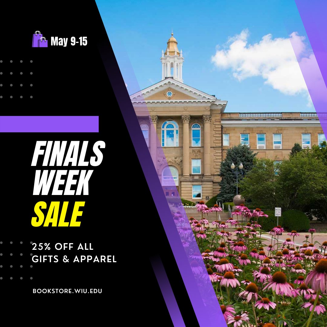WIUBookstore's tweet photo. It's happening! Get 25% off all gifts and apparel from May 9-15. Shop online and in store. Use promo code: FINALS25 #WIUBookstore #wiu #sale #finals #WIUGrad https://t.co/NaPGA4Jt8S