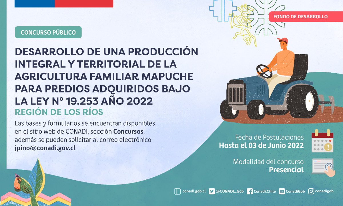 CONADI_Gob's tweet photo. 🔴ATENCIÓN! En la Región de #LosRíos hasta el 03 de junio puedes postular al #ConcursoCONADI que apoya la agricultura familiar mapuche en predios comprados por CONADI ℹ️ Más información👉https://t.co/KyKuPeYJHm Sección "Concursos" #ChileApoya https://t.co/qadgIs4eBA