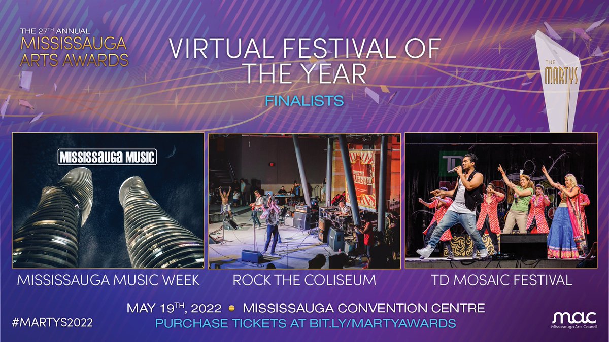 MissArtsCouncil's tweet photo. Congratulations to our Virtual Festival of the Year Finalists! 🎉

Congratulations @Mississauga_M Music Week, @rockthecoliseum, and @Mosaic_Festival!

Join us for the MARTYS, May 19, 2022 at Mississauga Convention Centre. Get your tickets here: https://t.co/K7H5c2kcv5
#MARTYS2022 https://t.co/i2d6gGDaJs