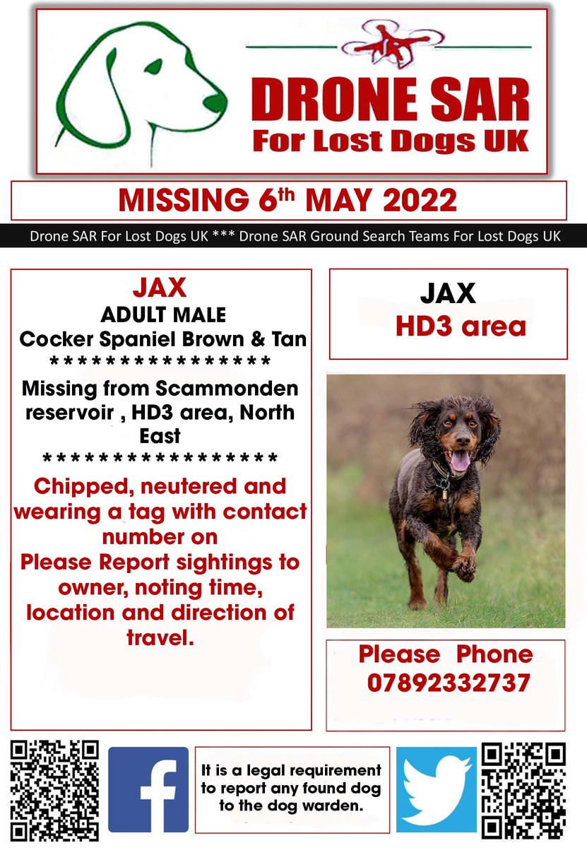 sar_dogs's tweet photo. #LostDog #Alert JAX
Male Cocker Spaniel Brown &amp; Tan (Age: Adult)
Missing from Scammonden reservoir , HD3 area, North East on Friday, 6th May 2022  #DroneSAR #MissingDog https://t.co/sHGknO8jCA