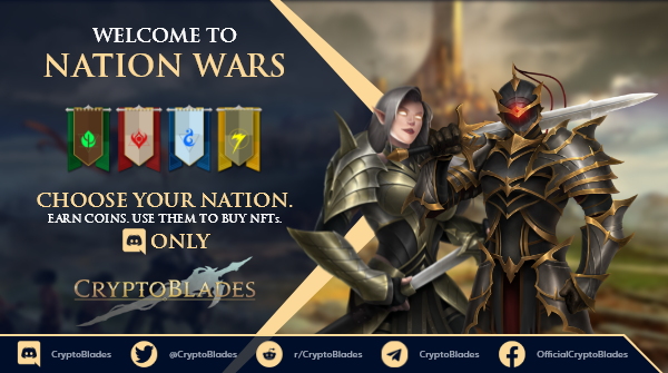 CryptoBlades's tweet photo. 👑CryptoBlades Discord👑

📈This weekend, #CryptoBlades added Nation Wars to our Discord server! NW is a fun way to earn Nation Tokens through competitions that can be redeemed for REAL CryptoBlades #NFTs!🔥

➡️ Join NOW!! CB Discord: https://t.co/D5ImgNvP1Z

#Crypto #SKILL #KING https://t.co/g4oIv9XTS7