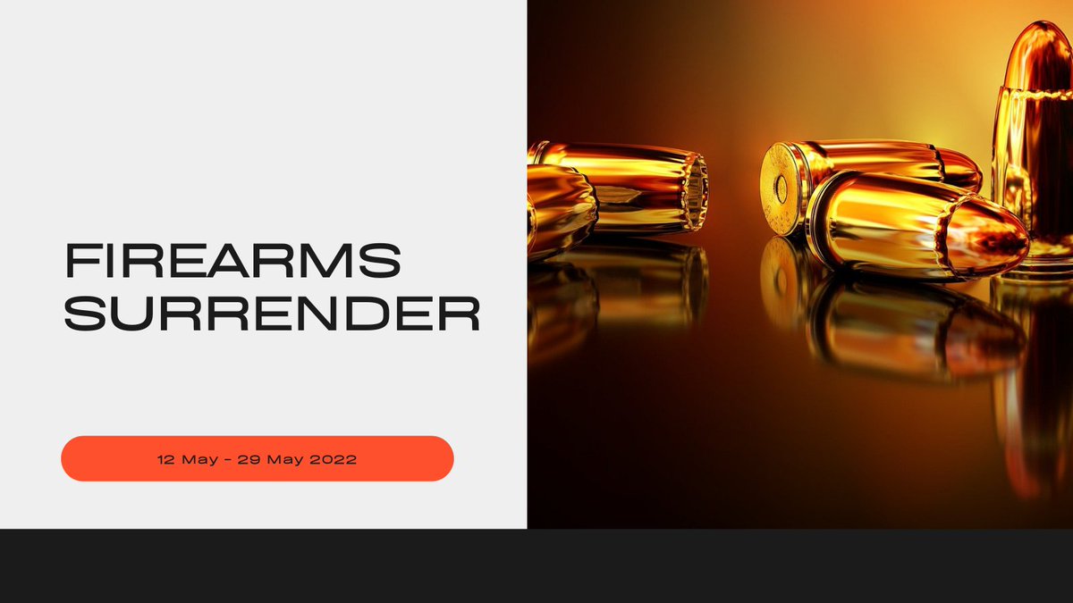 bch_osu's tweet photo. A national Firearms Surrender begins this Thursday 12 May. From this date you have just over two weeks to hand in your unwanted or illegally held firearms and ammunition to police, anonymously if you wish. Just call 101 to book an appointment. #firearmssurrender https://t.co/t9I6sU7ONZ