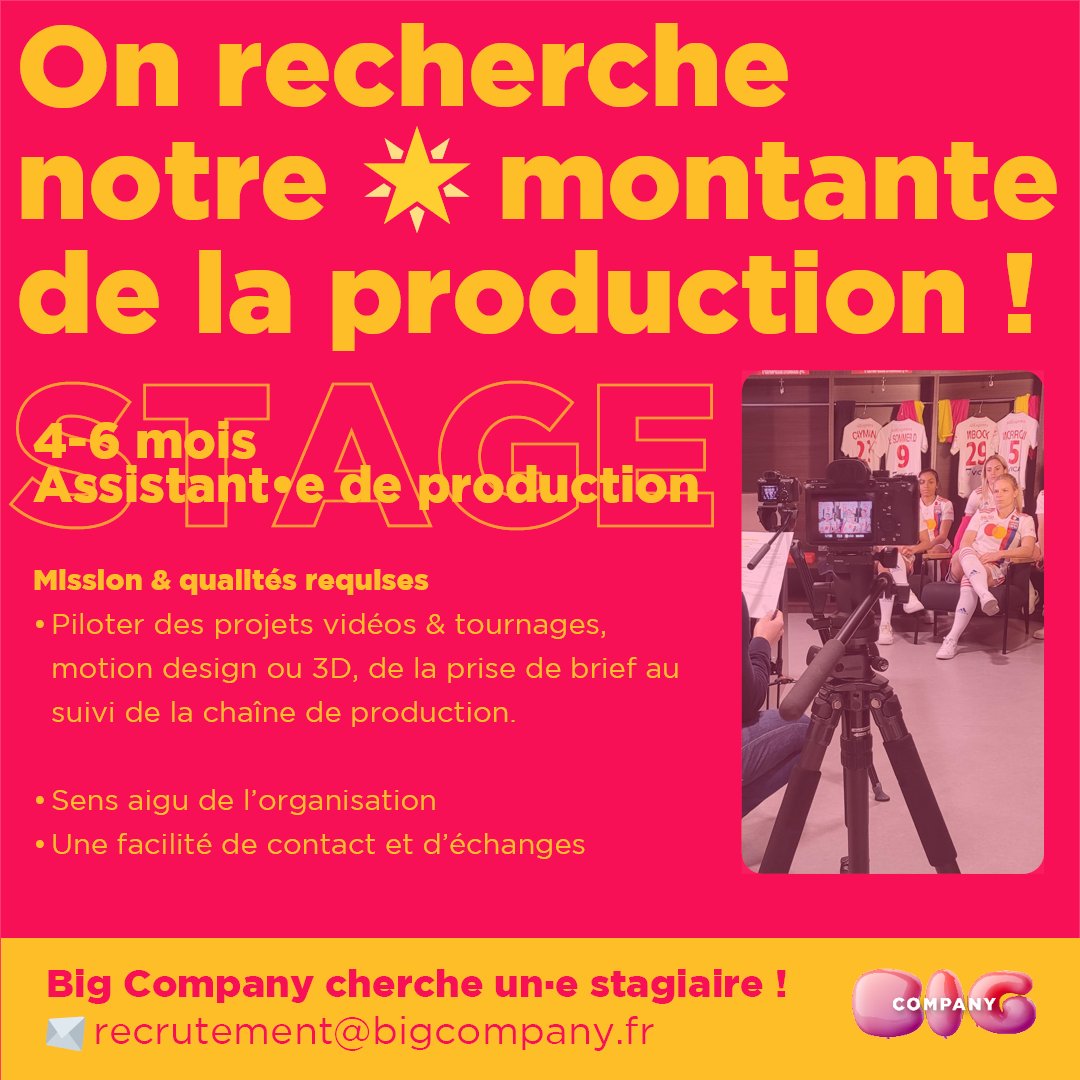 Big_Company's tweet photo. ALERTE STAGE !
Nous recherchons notre prochain·e stagiaire, un diamant brut de la production audiovisuelle, dès maintenant et pour une période de 4-6 mois. 

👉 Envoyez toutes vos pépites de CV et vos LM sur recrutement@bigcompany.fr https://t.co/sCPZxuN6LS