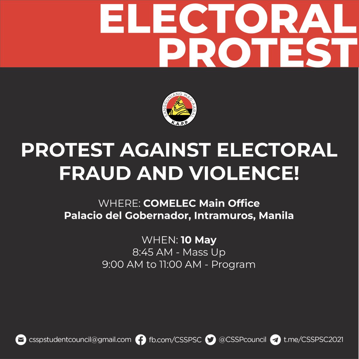 upcsspsc's tweet photo. [ELECTORAL PROTEST, TOMORROW!]

Join us tomorrow to protest against electoral fraud and violence: 

COMELEC Main Office
Palacio del Gobernador, Intramuros, Manila
8:45 AM Mass Up
9:00 AM-11:00 AM Program

(1/3) https://t.co/1CpeFNtEmY