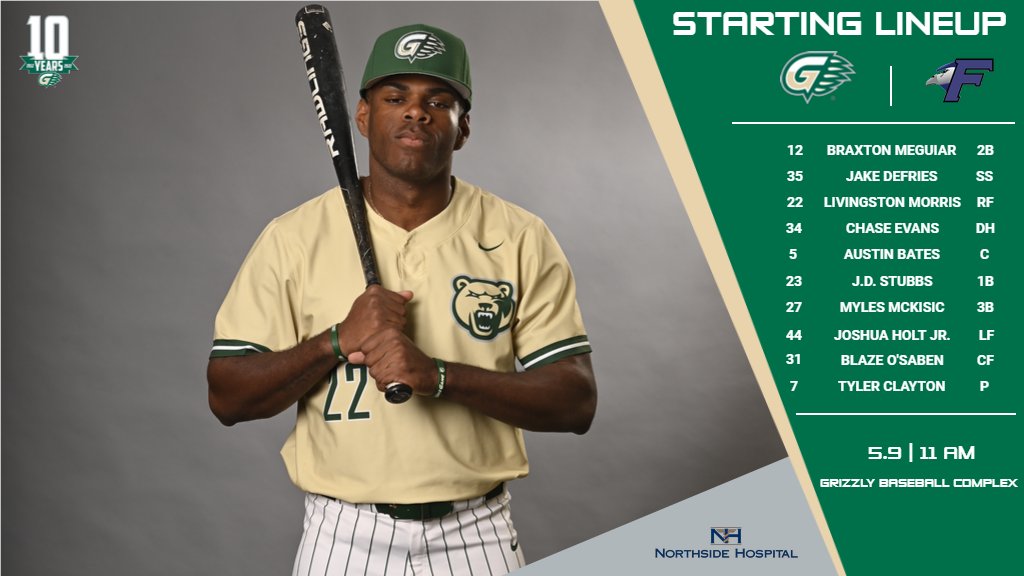 GGC_Baseball's tweet photo. Lineup for today's contest against Fisher.

#GriizGangGGC | #GGCAthletics | #CAC_Baseball https://t.co/xKkOae9clx