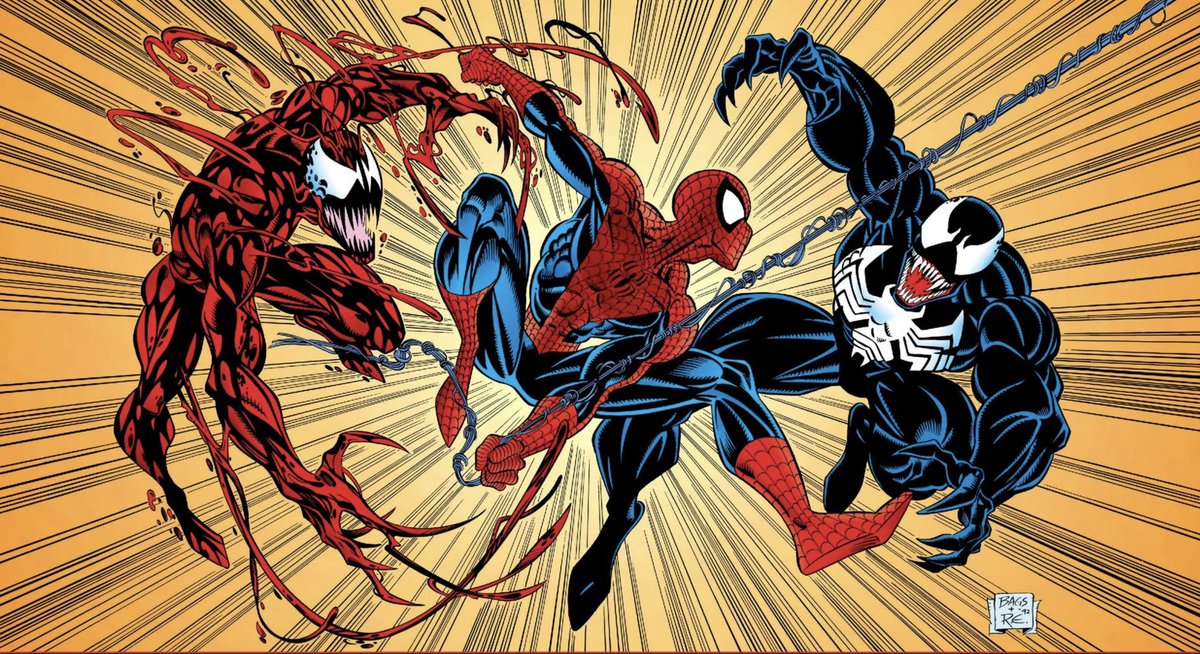 RT @CoolComicArt: Spider-Man vs Venom & Carnage poster (1992) art by Mark Bagley & Randy Emberlin https://t.co/E8eSWcevvw