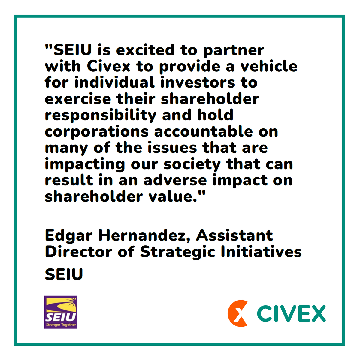 ImpactWithCivex's tweet photo. Civex is pleased to partner with @SEIU, as our platform is a place for SEIU to share their voice on upcoming shareholder proposals.

SEIU is a union of about 2 million diverse members who believe all workers should be valued and respected. Learn more at https://t.co/bYJpxF2LGm https://t.co/HXf1blmKQ4