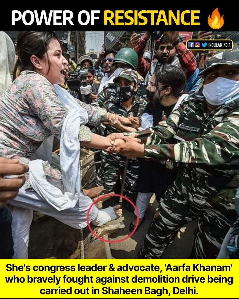 The bravery spirit displayed by Adv Aarfa Khanam  today is really commendable.
Then Injury and fracture in the foot but still stood with her passion and enthusiasm for the rights of the people and livelihood
This spirit will make you feel proud for Delhiites.  
More power ✊🏻✊🏻✊🏻