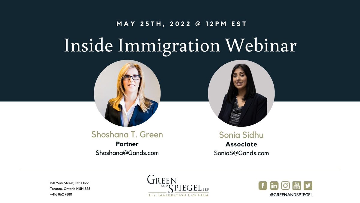 GreenAndSpiegel's tweet photo. Our next complimentary webinar takes place on May 25th at 12pm ET. Panellists @shoshgreen and Sonia Sidhu will recap the latest changes in Canadian immigration and answer your questions live. Register here: https://t.co/k7yuejNahM 🇨🇦 https://t.co/K4coM42nx4