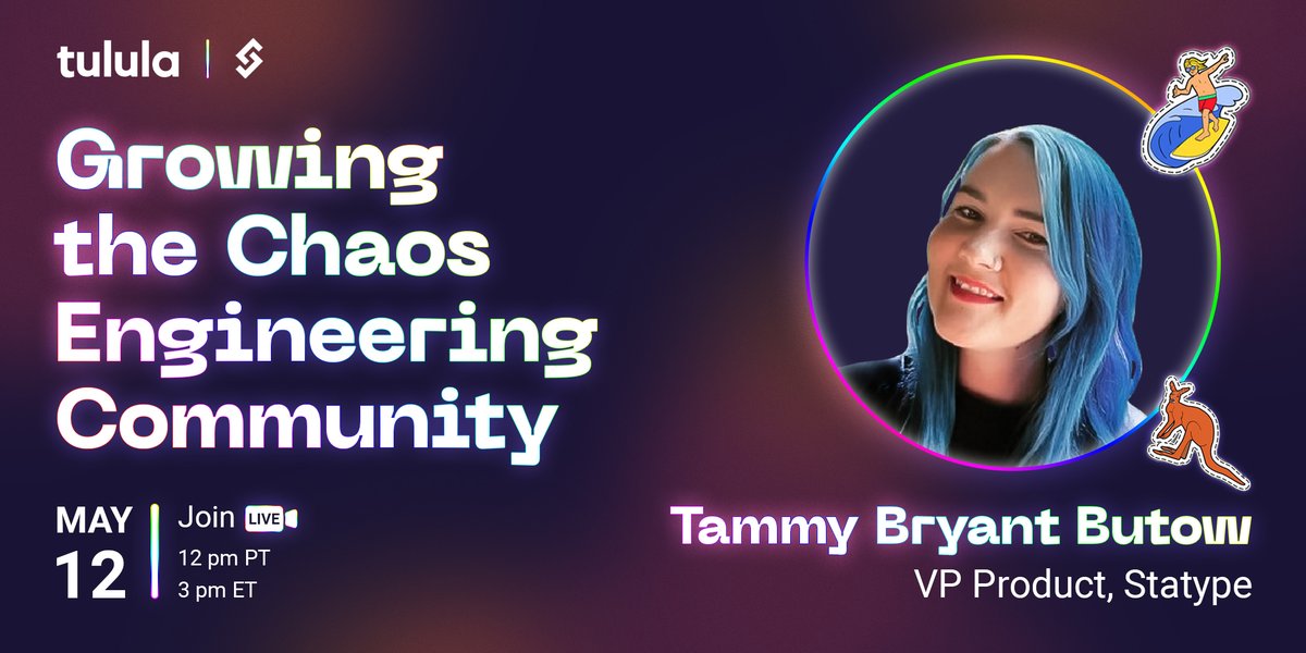 TululaInc's tweet photo. We are kicking-off a series of tulula meetups!🥁
Join us and @tambryantbutow to learn the story of Growing Chaos Engineering community. 
BONUS: We’ll be raffling a very special Aussie prize from Tammy 🙃🦘
Register here: https://t.co/5wHqiihXP6 https://t.co/3pyEiWDdnI
