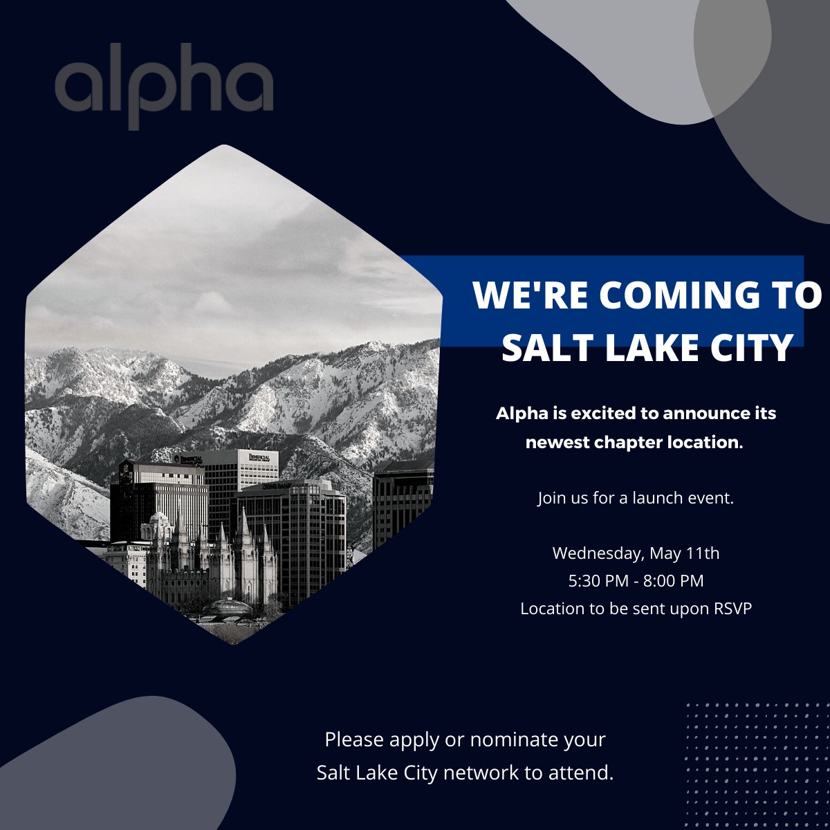 alphaclub's tweet photo. We're coming to Salt Lake City! Join us for our launch event this week - apply or nominate your network to attend https://t.co/ioVBfGxjpa https://t.co/YhIZCj7xry