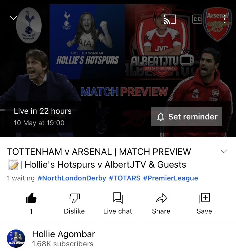 ARSENAL PREVIEW! 

Have a first on the channel tomorrow at 7pm with a live preview show! 

Myself & @aumoh57 will be co hosting where you can watch the show on both our channels. Will have spurs & arsenal guests too

Please hit the link to set a reminder

https://t.co/WLvctCPsPE https://t.co/zlTybe3Zkf