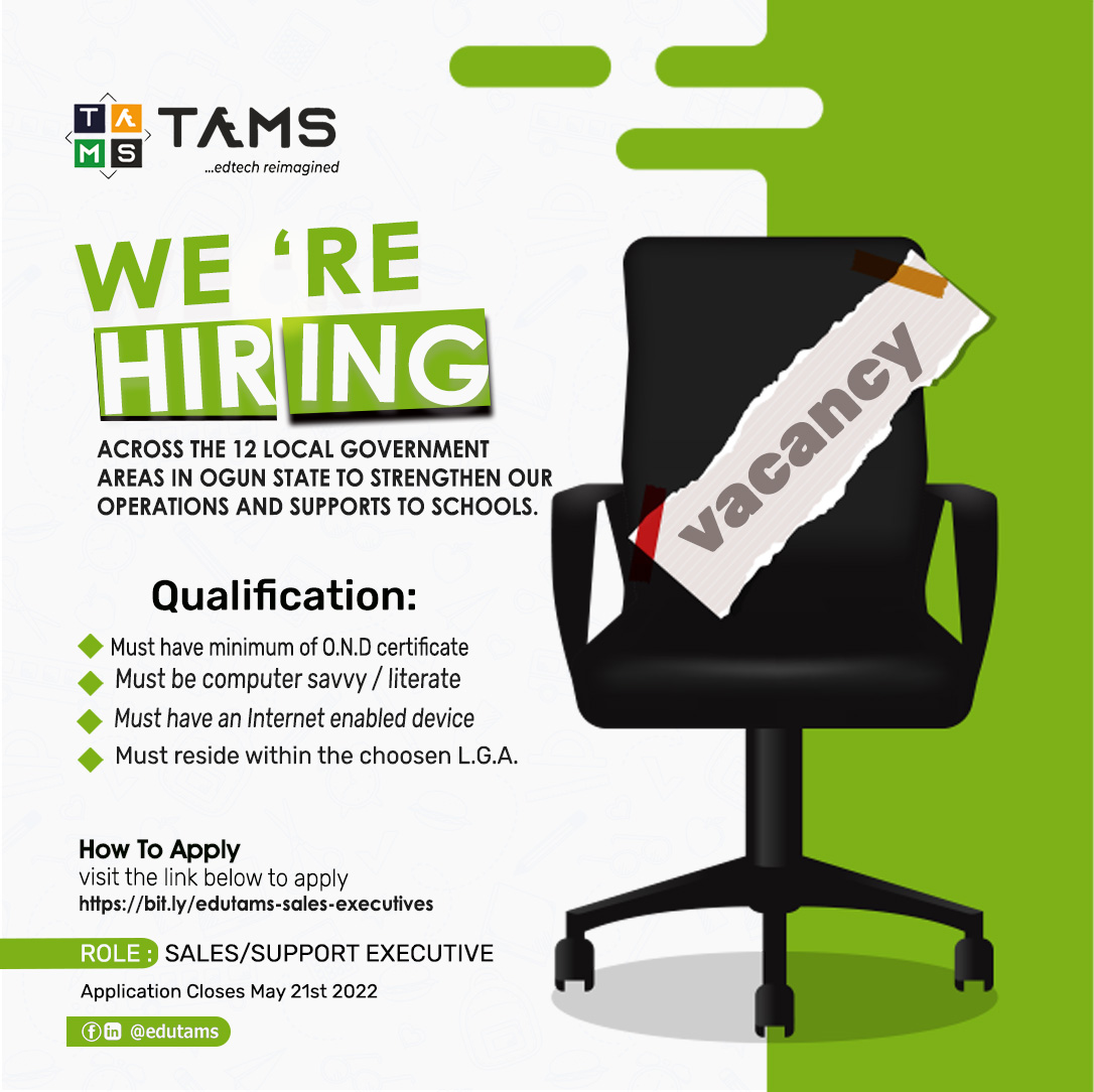 crownbirthltd's tweet photo. SALES EXECUTIVES NEEDED at EDUTAMS LIMITED
--
We are looking for experienced, enthusiastic, and driven sales executives to join our sales team across 12 local governmentS in Ogun State! kindly apply with the link below immediately.
https://t.co/Usw8BVQyZI
--
Deadline: 21st of May https://t.co/HAS0fnvrxZ