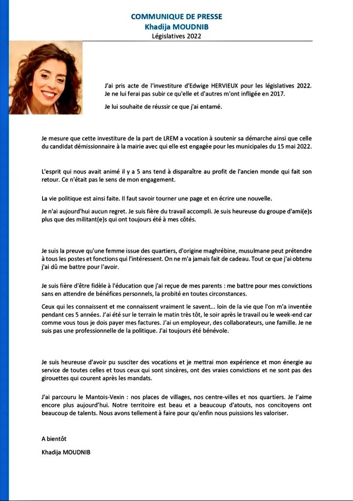 Khadija_MOUDNIB's tweet photo. Retrouvez mon communiqué de presse suite à l'investiture de Edwige HERVIEUX dans la VIII ème  circonscription des #Yvelines. 
Je lui souhaite toute la réussite pour cette campagne.
#legislatives2022 https://t.co/xOx6yCUIr9