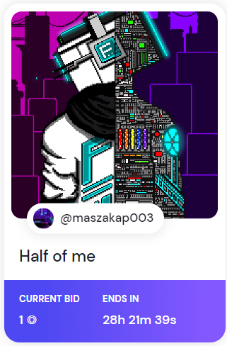 The auction has started🙏

"Half of me" 
Available on 
<a href="/formfunction/">Formfunction</a>

Current Bid: 1 $SOL
Ends In: 28 Hours 

Thank you collector 
@sudoWright
 
  for the first bid🙇‍♀️🙇‍♀️

formfunction.xyz/@maszakap003/F…

#SolanaNFTs #formfunction #Solana #SolanaNFT #SOL #pixelart #Pixel