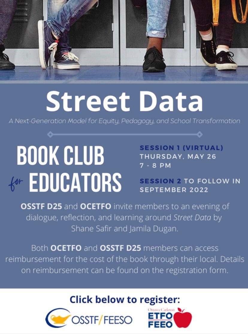 OSSTFD25TBU's tweet photo. #OSSTFD25 and #OCETFO have organized a professional reading book club for all members on Thursday May 26th from 7-8pm.
This VIRTUAL Book club will be centred around the around the book "Street Data" by Shane Safir and Jamila Dugan.
Info below!
#OSSTF https://t.co/Coeu6c3Ba1