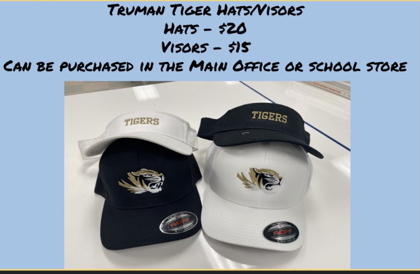 TrumanTigerDECA's tweet photo. 🚨NEW MERCH ALERT🚨 Now selling Truman Hats and Visors. Hats - $20; Visors - $15. Available in the main office and at the school store #TigerStrong https://t.co/Q5WUUYZnBf