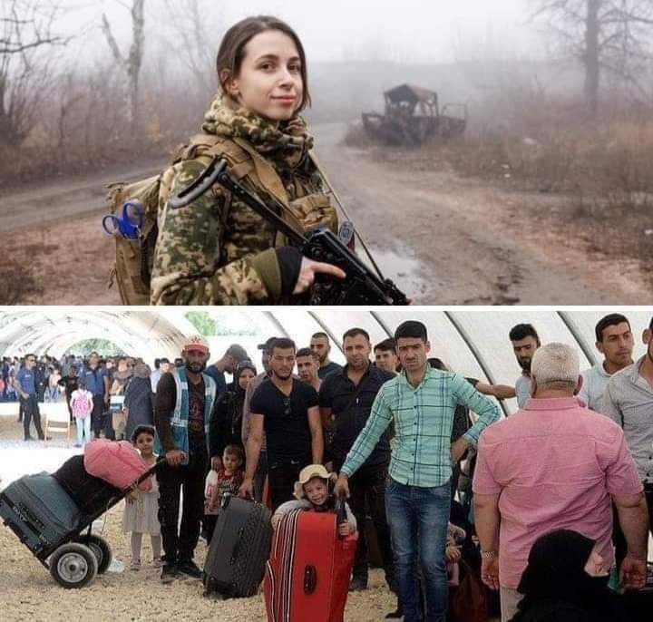 BirolBey12's tweet photo. Üstteki resim Rusya'ya karşı silahlanmış Ukrayna'lı bir kadın
Alttakiler ise savaştan kaçan Suriye'li erkekler.
Yukarıdaki kıza nataşa diyorlar.. Aşağıdaki pezevenkler? https://t.co/tz8ZucbnjS