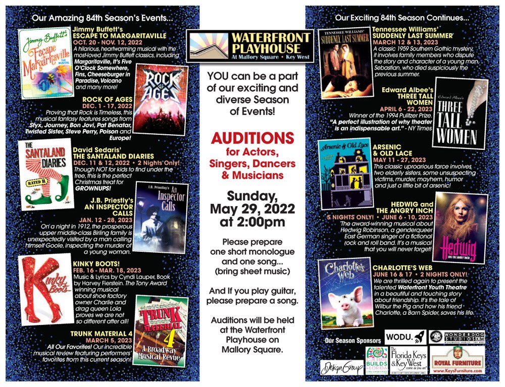 theaterkeywest's tweet photo. Mark your calendars! Auditions for our 84th season are set for May 29th @ 2pm 

#keywest #theatre #waterfrontplayhouse https://t.co/x34s1zzTpe