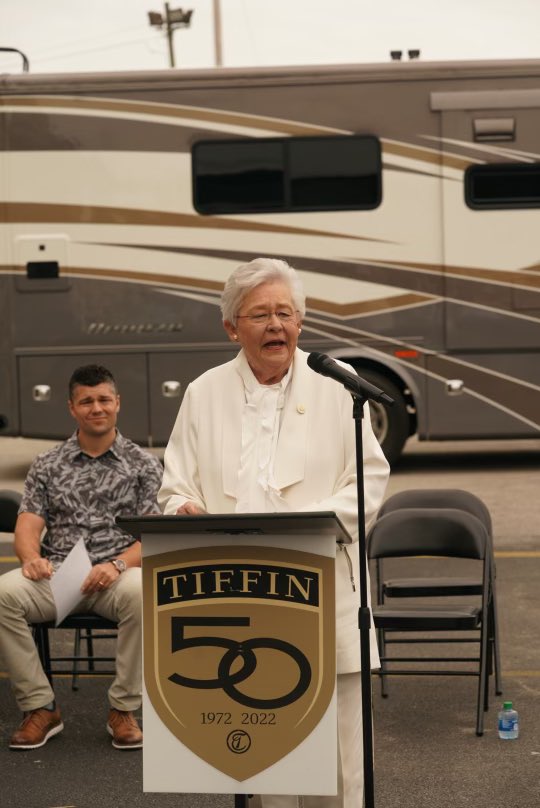 GovernorKayIvey's tweet photo. Tiffin Motor Homes is a great #MadeinAL success story. I was impressed with all the amenities the motorhomes I toured today in Franklin County currently offer. With more families wanting to get outdoors, I’m glad there is an AL company giving folks the opportunity to do so. https://t.co/Ubm1l6s8OP