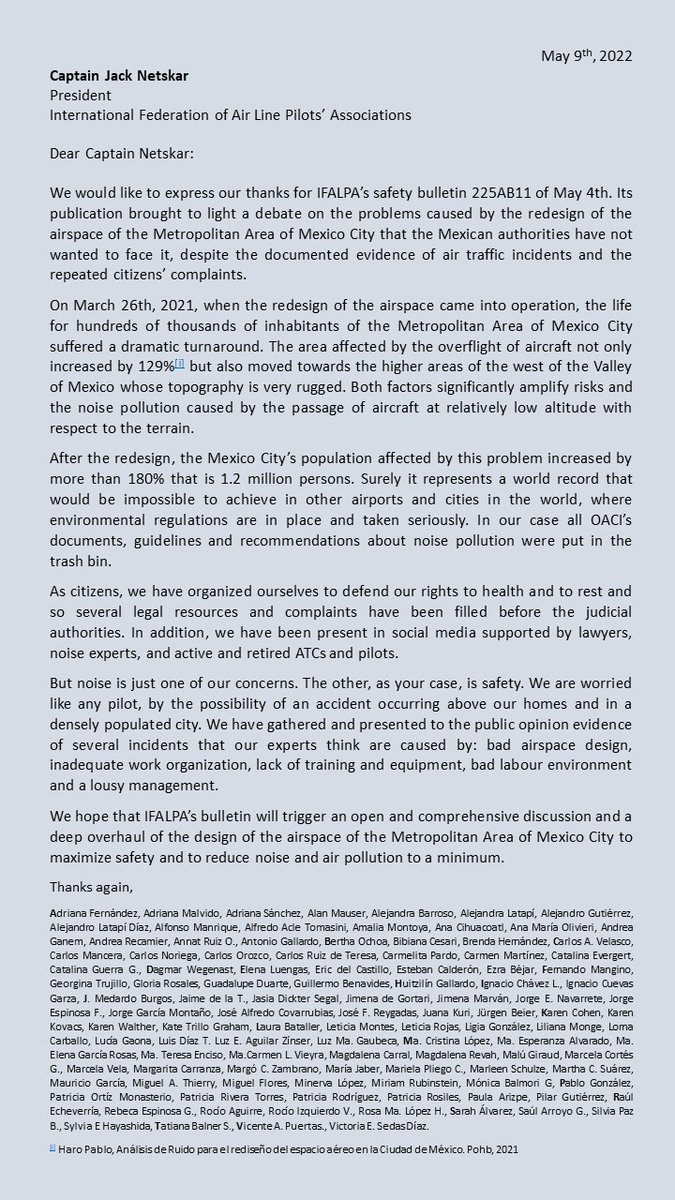 <a href="/IFALPA/">IFALPA</a> Thank you IFALPA. We hope that your remarks will serve to open a comprehensive review of the design of the airspace of Mexico City to maximize safety and to minimize noise and air pollution