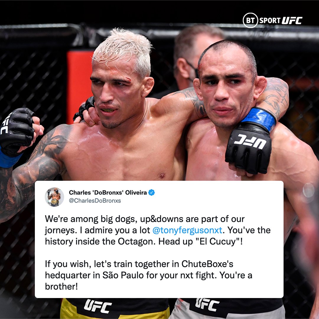 UFC on TNT Sports (@ufcontnt) on Twitter photo "You're a brother!"
🤝 <a href="/CharlesDoBronxs/">Charles 'DoBronxs' Oliveira</a> invites <a href="/TonyFergusonXT/">Tony Ferguson</a> to train with him. "You're a brother!"
🤝 <a href="/CharlesDoBronxs/">Charles 'DoBronxs' Oliveira</a> invites <a href="/TonyFergusonXT/">Tony Ferguson</a> to train with him.