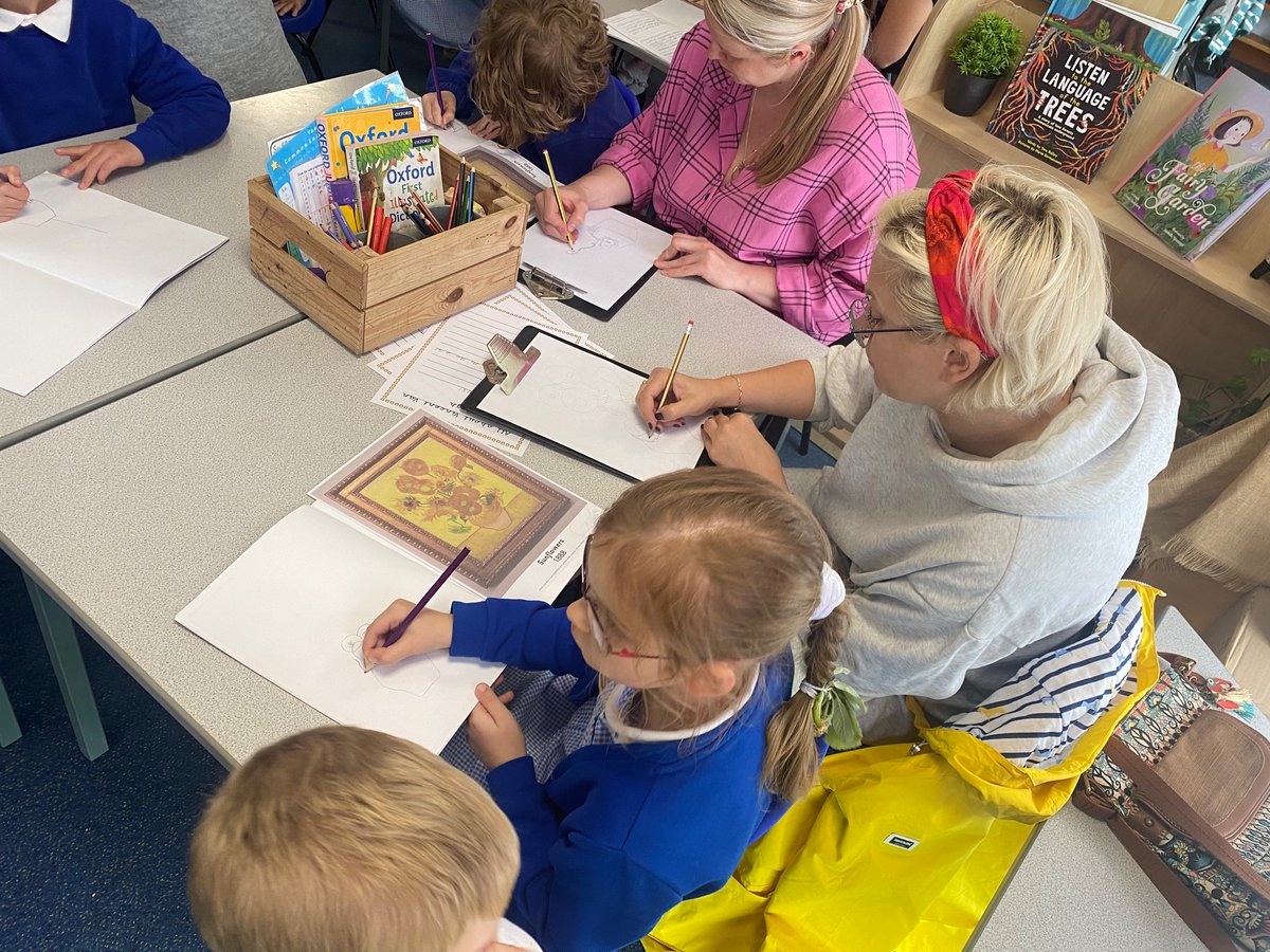 MFinfantschool's tweet photo. Thank you so much for all the parents and carers who joined Dolphins for our art session today! 🎨 we had a fantastic time learning about Vincent Van Gogh and improving our sketching skills. Some very proud children AND parents! #MFdolphins #MFart https://t.co/N3xo6W2J2R