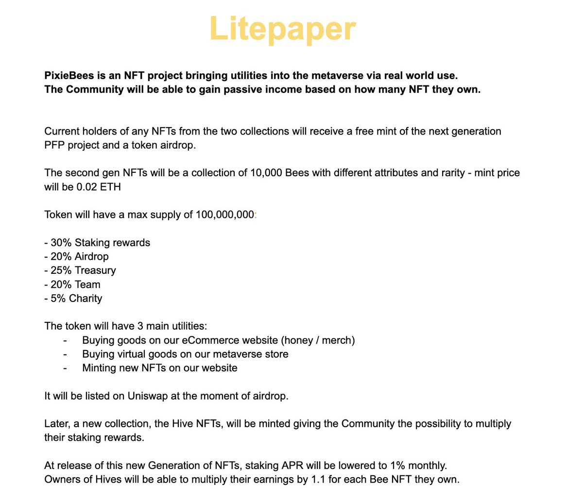 Fam, it is with great pride that we present a Litepaper for the project! 💕🐝

Please have a look, this is what we will accomplish. We are working on a roadmap with estimated timeframes as well.

In the meantime, please have a look and get one of our Bees 🐝🚀

#NFT #NFTCommunity
