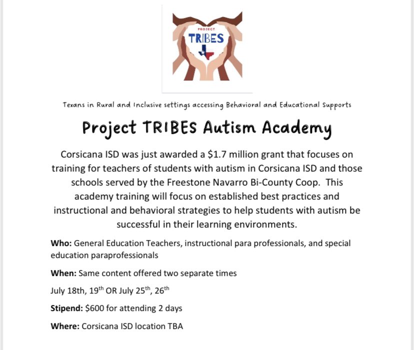 shanagowen's tweet image. So excited to announce this fantastic opportunity for sped, gen ed, and paraprofessionals in @corsicanaisd and the Freestone Navarro BiCounty coop schools! #projecttribes2022 @KellyMCarrero1