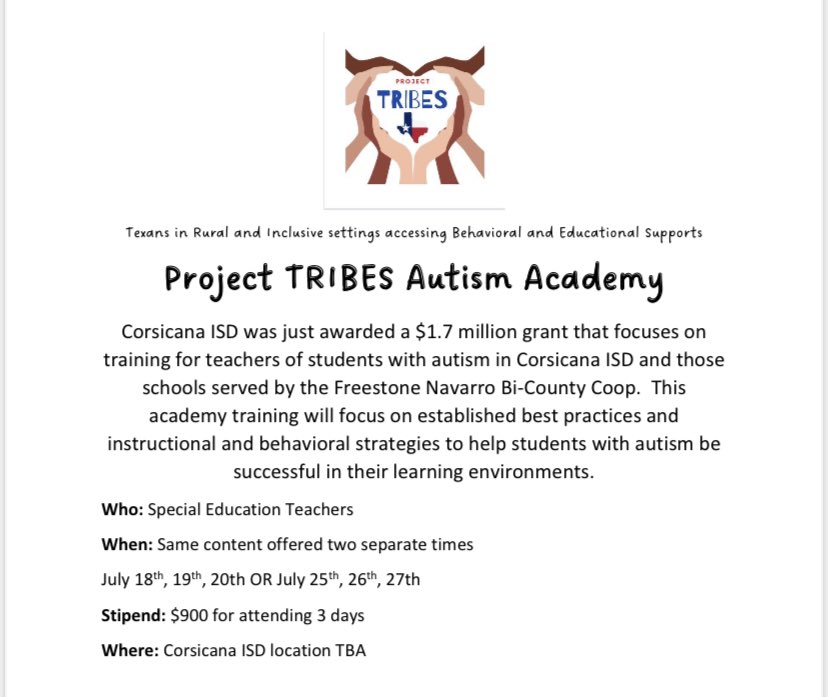 shanagowen's tweet image. So excited to announce this fantastic opportunity for sped, gen ed, and paraprofessionals in @corsicanaisd and the Freestone Navarro BiCounty coop schools! #projecttribes2022 @KellyMCarrero1