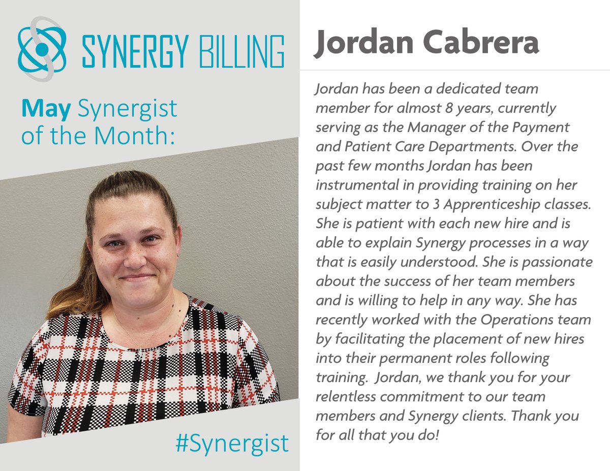 synergybilling's tweet photo. It is our pleasure to announce Jordan Cabrera as May’s Synergist of the Month!
 .
.
#SynergyLife #employeeappreciation #employeeofthemonth #medicalbilling #synergybilling #bestplacetowork #medicalbiller #teamwork #companyculture #communityhealthcenter #fqhc https://t.co/OyKuwUHfUD