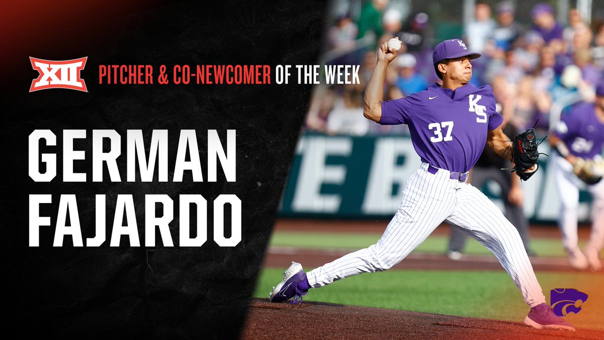 𝐆𝐞𝐫𝐦𝐚𝐧 𝐅𝐚𝐣𝐚𝐫𝐝𝐨, <a href="/KStateBSB/">K-State Baseball</a> 
#Big12BSB Pitcher &amp; Co-Newcomer of the Week

⚾️ Fajardo pitched 8.2 scoreless innings in the week, picking up a win and a save on the mound.

📰 big12.us/3sjaUVF