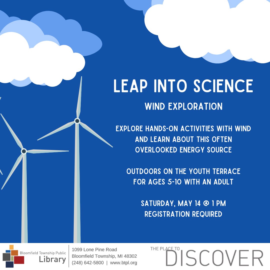 BTPL_MI's tweet photo. What do kites, sailboats, and windmills have in common? They're powered by the wind! Ages 5-10 can explore hands-on wind activities on the youth terrace on May 14th at 1 pm. Register here: https://t.co/FmTL6mZYs4

#STEAM #STEM #KidsScience #BTPL #LeapIntoScience https://t.co/0KspkK2PFd