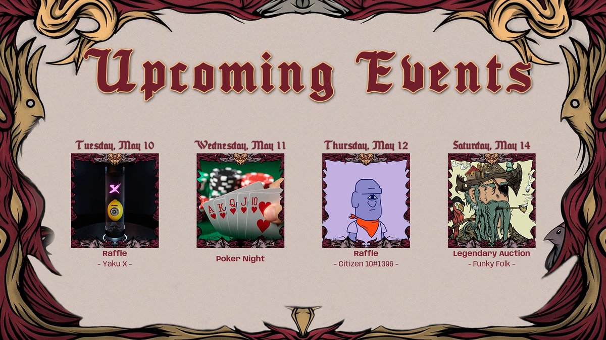 What is on the menu of Funky Inn this week?

- Tuesday | Raffle of Yaku X
- Wednesday | Poker Night
- Thursday | Raffle of Citizen 10#1396
- Saturday | Legendary Auction of Funky Folk 

Make sure to reserve some $FUNK and take some time off to touch grass