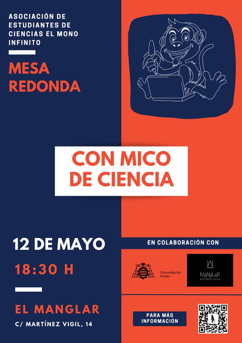 AECifm's tweet photo. Os presentamos la primera edición del nuevo “Con mico de ciencia” 🐒 

🗓: Este jueves, 12 de mayo de 2022
📍: El Manglar (C/ Martínez Vigil, 14 en Oviedo)
⏱: 18:30 h 

¡OS ESPERAMOS! https://t.co/fJvaBn2Sn9