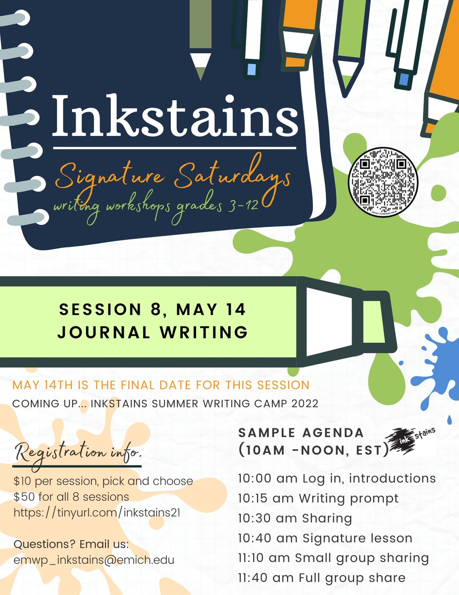 Last virtual event for 3rd-12th graders!
Journal writing on Sat 5/14, 10am-noon EST.  You'll leave with a plethora of prompts for summer writing! 

One FREE spot to the 1st one to email emwp_inkstains@emich.edu! 

Register: tinyurl.com/inkstains21  $10 
#nwp <a href="/writingproject/">Writing Project</a>